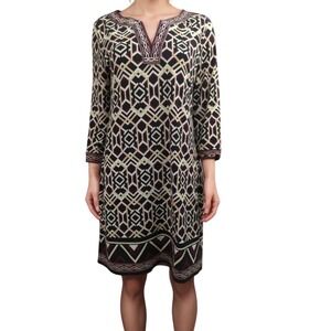 White House Black Market Geometric Print V Neck 3/4 Sleeve Dress Size Small